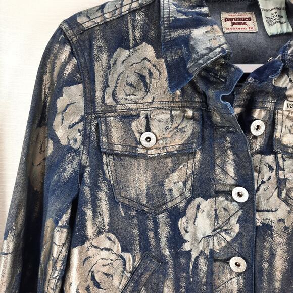 Vintage Parasuco Jeans Y2K Denim‎ Jean Jacket Metallic Silver Roses Size Small - Picture 3 of 12